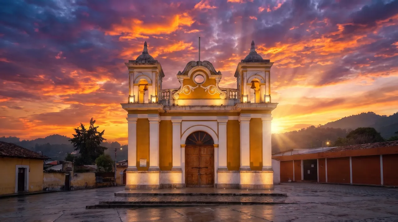 Fachada iluminada del Templo de la Transfiguración bajo un cielo encendido al atardecer en Quetzaltenango