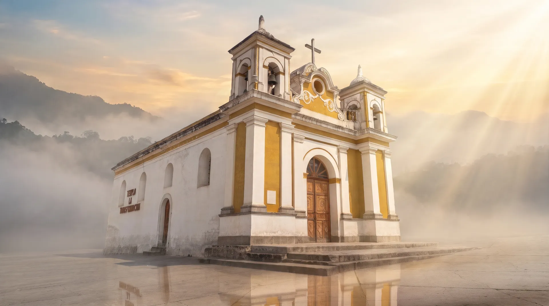El Templo La Transfiguración al atardecer, entre la bruma de las montañas